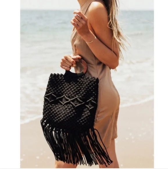 Danielle Nicole Black Fringe Crotchet Wooden Handle Crossbody Bag - Picture 3 of 13